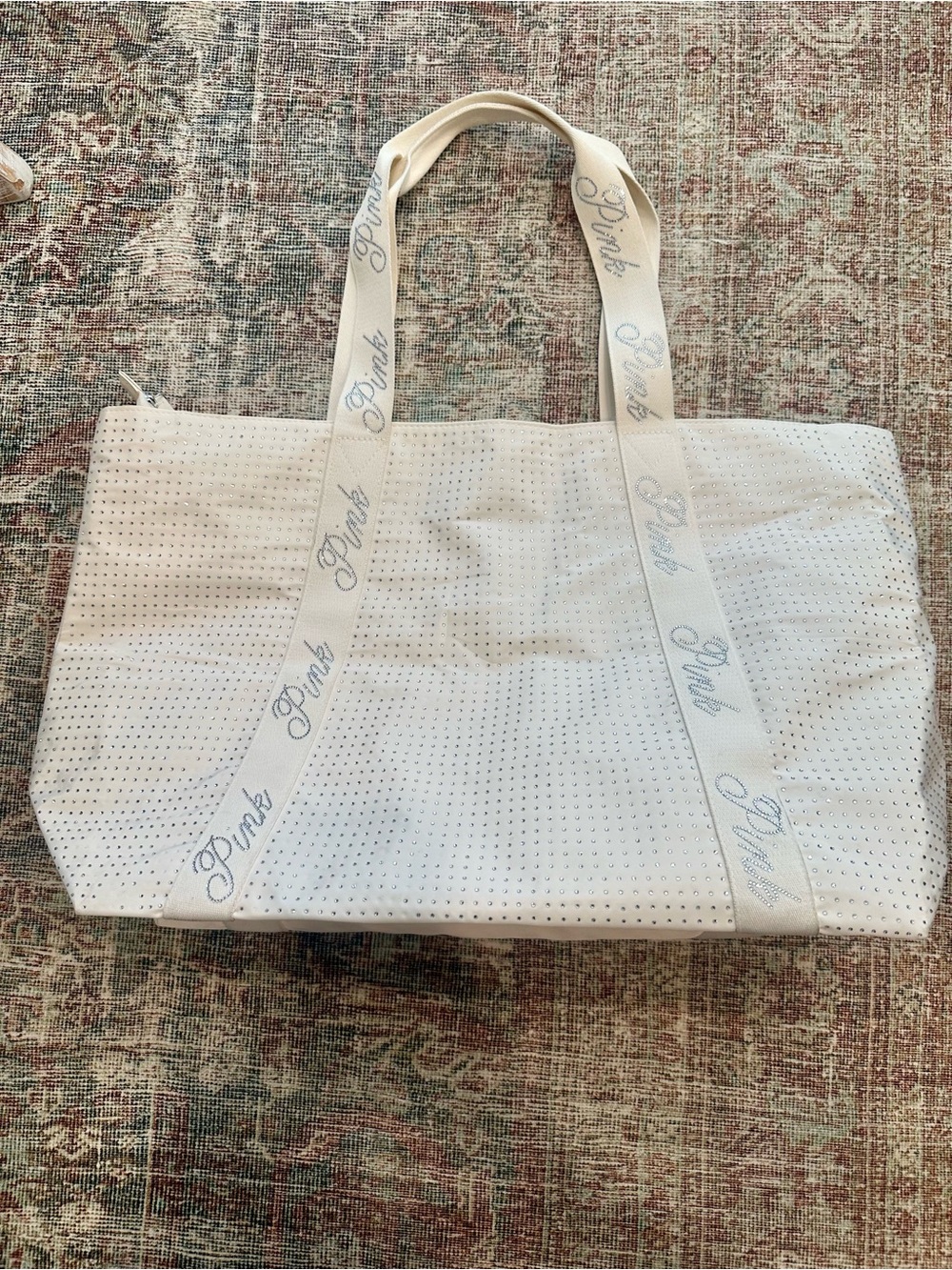 PINK Victoria's Secret White Rhinestone Tote with Branded Straps